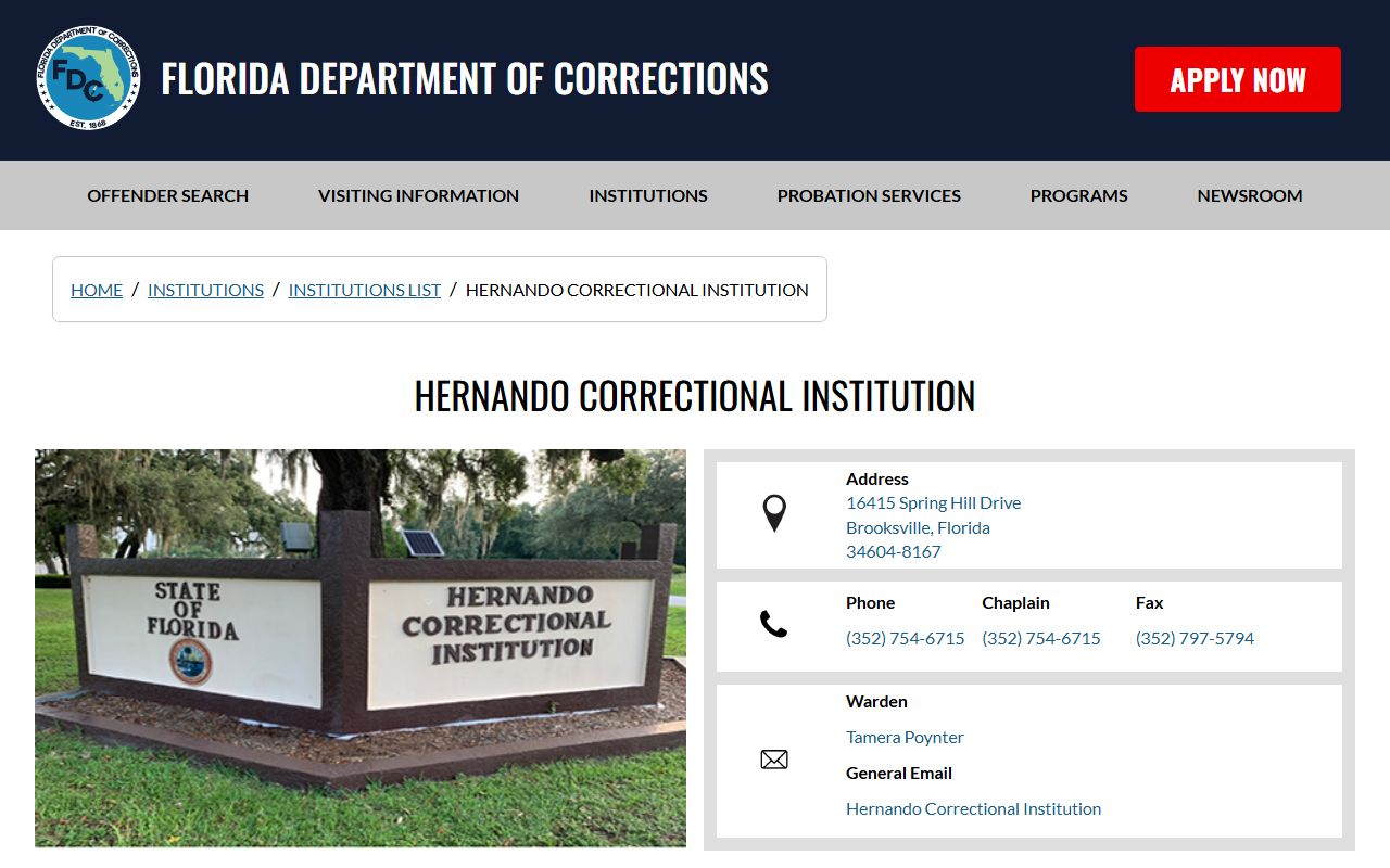 Florida Department of Corrections Hernando Correctional Institution page for inmate search