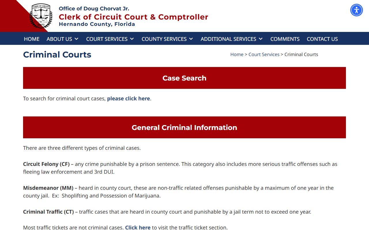 Hernando County Clerk criminal courts page for court records after an arrest