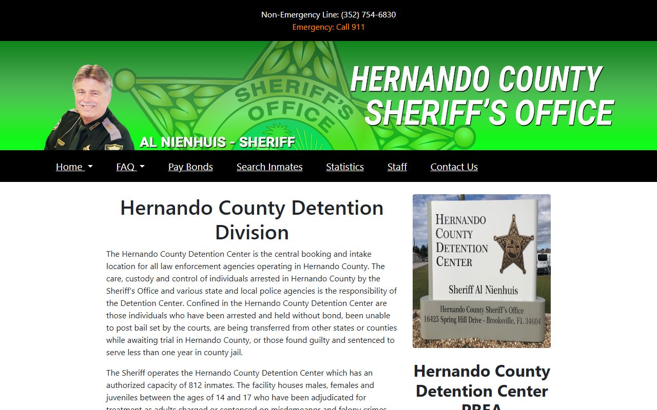 Hernando County Detention Center home page showing jail capacity and inmate population information