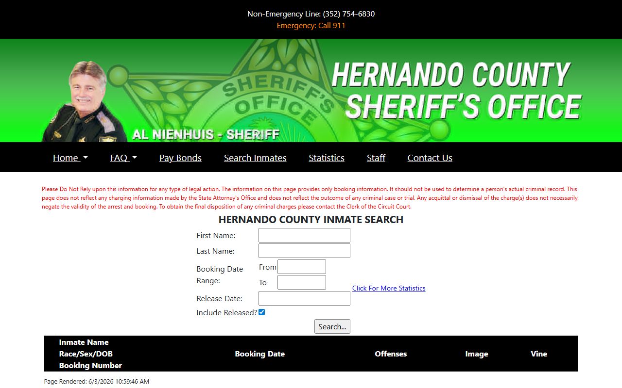 Hernando County inmate search form for looking up the jail roster and inmate population