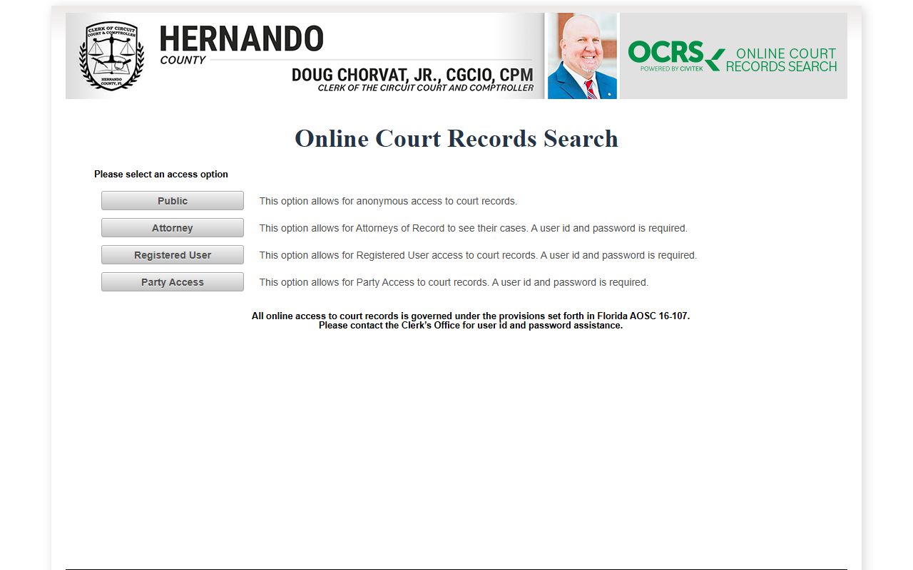 Hernando County OCRS court records access screen with public and attorney options