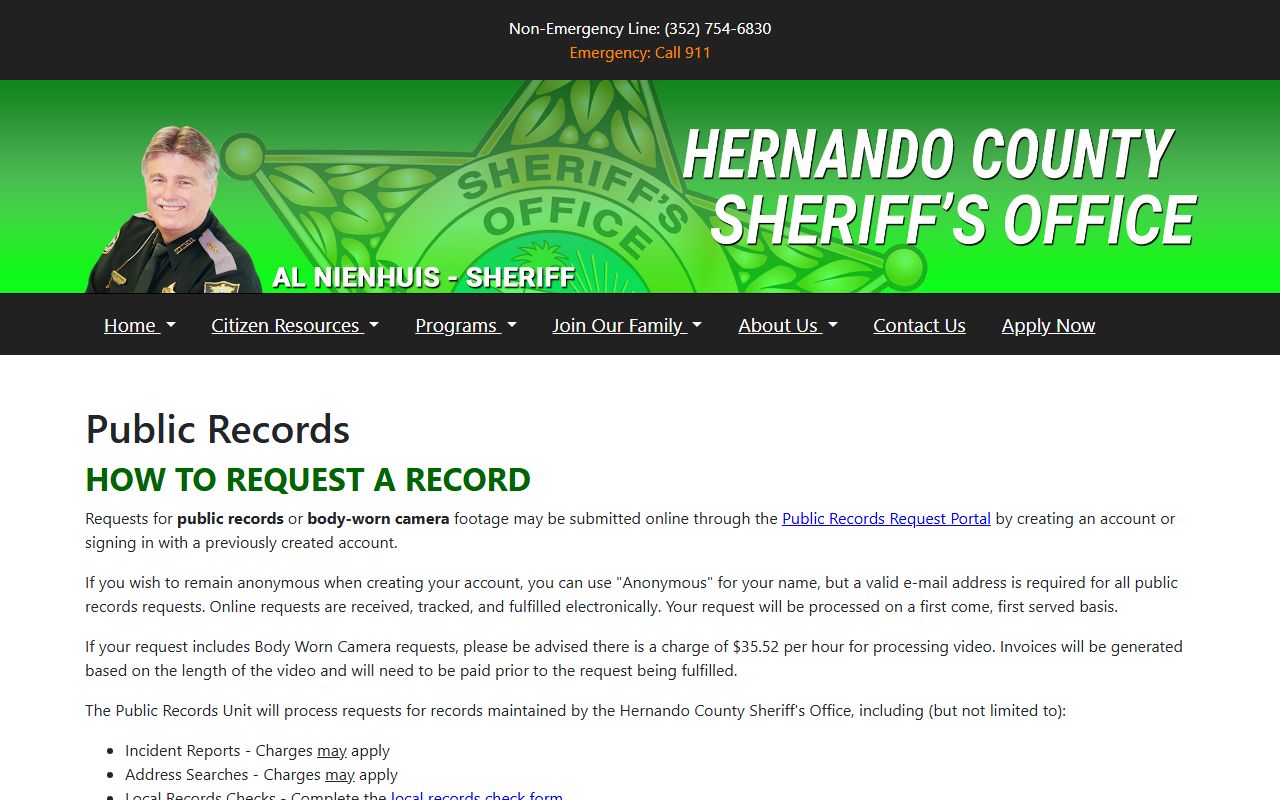 Hernando County sheriff public records page for requesting a booking photo or mugshot