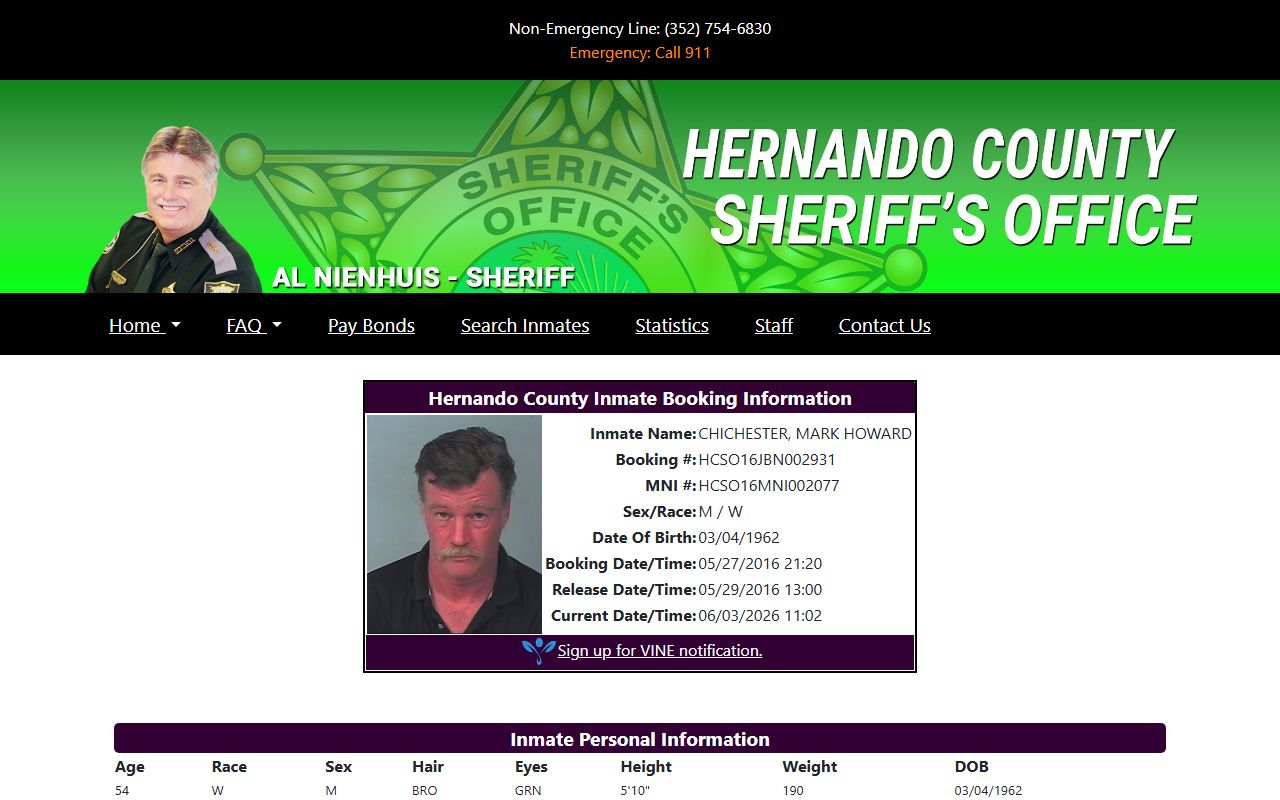 Sample Hernando County inmate booking profile showing demographics, charges, bond, and holds