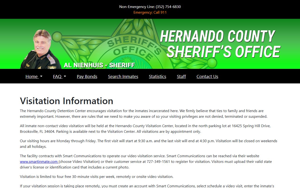 Hernando County jail video visitation rules and scheduling for inmates